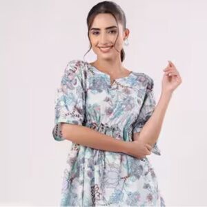 100% Cotton Boho Floral Blue and Cream Kaftan Top Size M